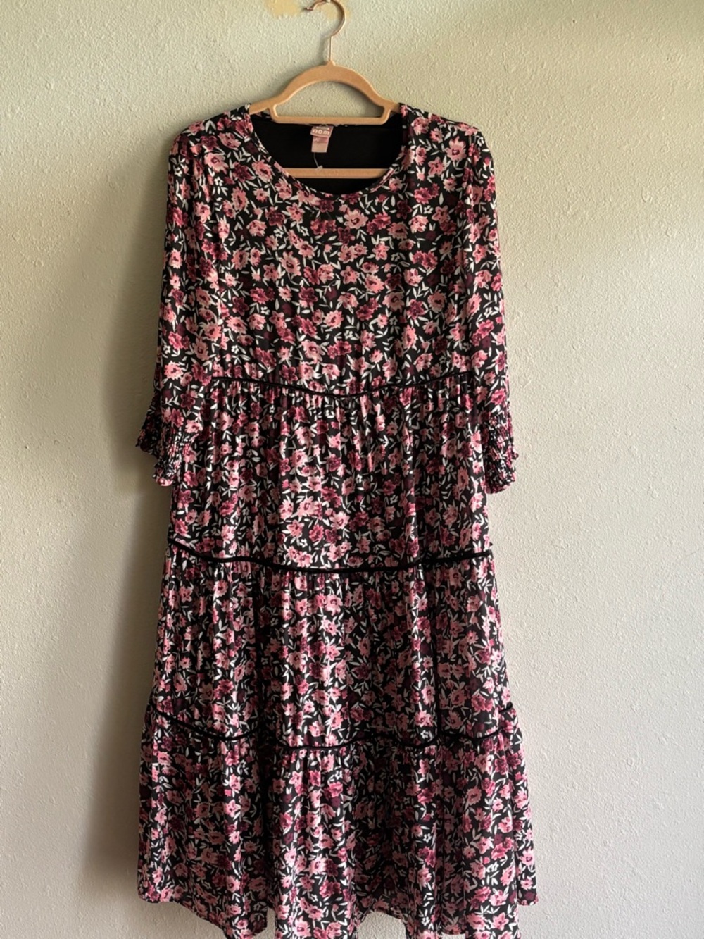 Nom Maternity Black Floral Pink Tiered Maternity Dress